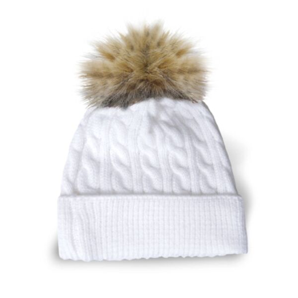 Aberdeen - Cable Knit Tuque With Cuff And Faux Fur Pom Pom Thumbnail